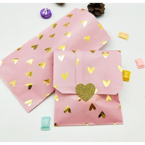 100pcs Pink paper bags with gold foil hearts for Gifts Food Birthday Party Decorations Kids Candy Cookies Paper Bags Stickers