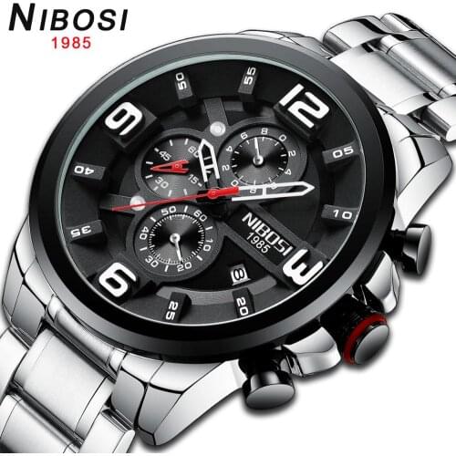 NIBOSI Clock Mens Black Watches Big Dial Stainless Steel Chronograph Business Wristwatch Men Quartz Watch Relogio Masculino