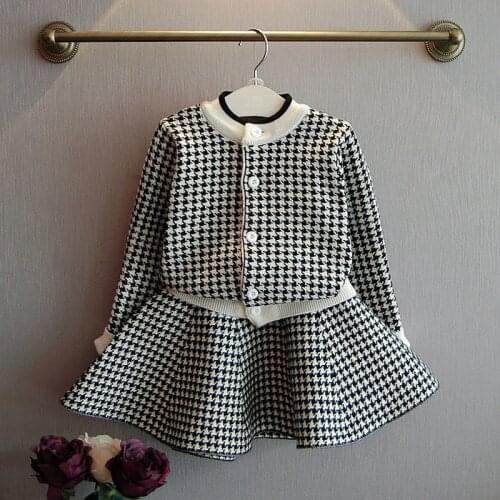 Girls Clothes Set Long Sleeve Cardigan & Skirt 2 Pcs Clothing Suit for Kids Baby Warm Outerwear Sets Vintage Plaid Children Sets