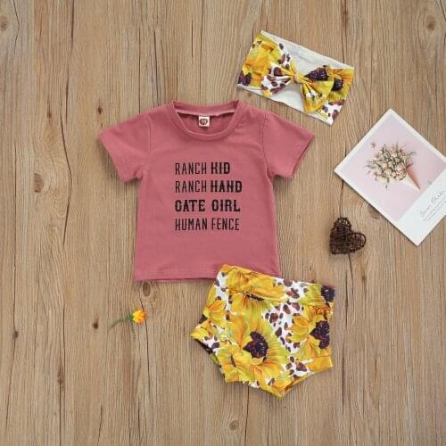 Summer Cotton 3pcs Outwear For Newborn Baby Unisex Letter Print Short Sleeve +Printed Shorts+Headband Boys Girls Clothes