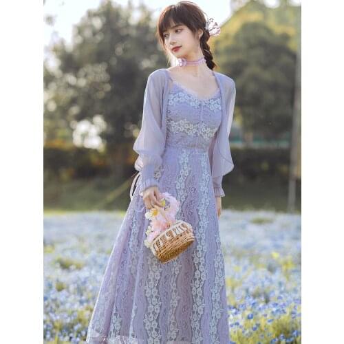 2021 Summer Womens Pastoral Girl Style Sling Dress Chiffon Sunscreen Lace Mid-Length Dress Suit Dress Evening Dress Beach Dress