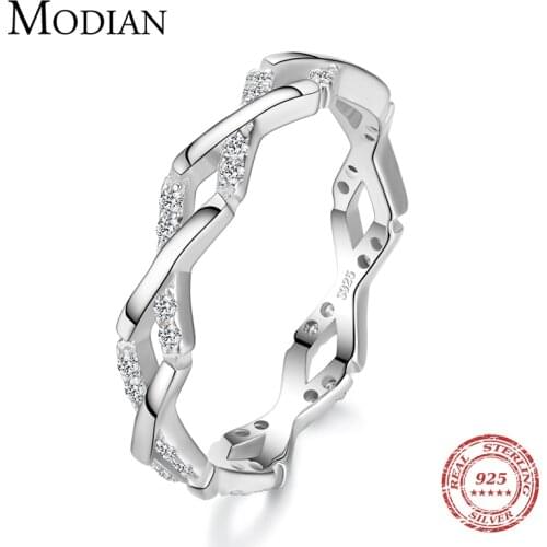 Modian Real 925 Sterling Silver Staggered Line Charm Finger Ring Classic Stackable Clear Zircon Wedding Jewelry For Women Gifts