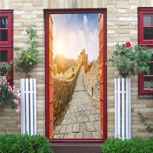Decal Door Sticker Open the Door to the Great Wall PVC Waterproof Wall Sticker Door Renovation Poster Art Home Decoration Mural