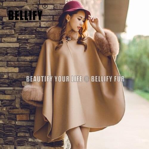 Autumn winter Women"s Real cashmere cape shawls with Big real Fox Fur collar Loose warm Women real fur cape