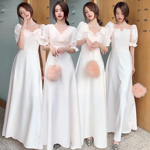 Bridesmaids Dresses Illusion V-Neck A-Line Puff Sleeve Floor-Length Luxury Beige Half Pleat Jersey Women Wedding Party Gown E223