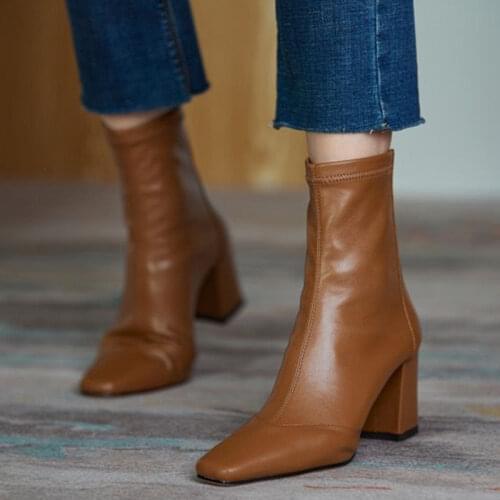 Rimocy Vintage Square Toe High Heels Ankle Boots for Women Brown Pu Leather Zipper Short Boots Woman Autumn Thick Heel Booties