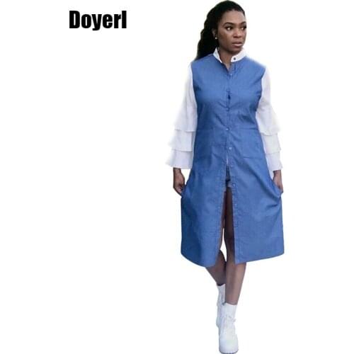 Blue Denim Long Shirt Dress Women Streetwear Letter Print Korean Shirt Dress Buttons Flare Sleeve Knee Length Casual Party Dress