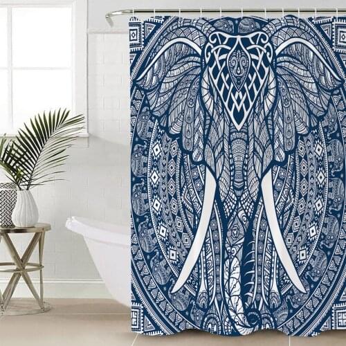 Mandala Pattern Elephant Blue Shower Curtain Bathroom Decorative Waterproof Polyester Fabric Curtain for Bathroom