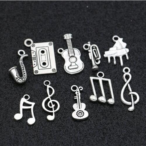 Tibetan Silver Plated Music Note Guitar Charms Pendant for Jewelry Making Bracelet Earrings DIY Accessories Craft Mix 20pcs