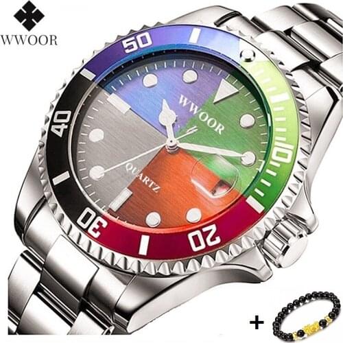 WWOOR Green Calendar Watch Men Luxury Watches Man Waterproof Casual Quartz Stainless Steel Mens Wristwatch relogio masculino