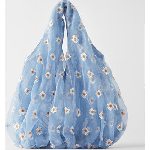 Women High Quality Eco Fruit Bag Mini Small Transparent Tote Mesh Cloth Bags Daisy Embroidery Handbag Decoration Purse for Girls