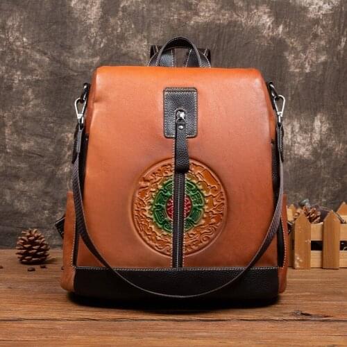 Female Retro Genuine Leather Shoulder Bag Women Backpack 2021 New Handmade Embossed Large Capacity Real Cowhide Travel Bags Pack