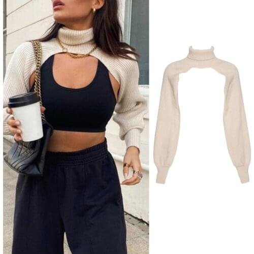Women Lantern Long Sleeve Sweater Sexy Hollow Out Turtleneck Solid Color Crop Top Ribbed Knit Loose Shrug Cover Up