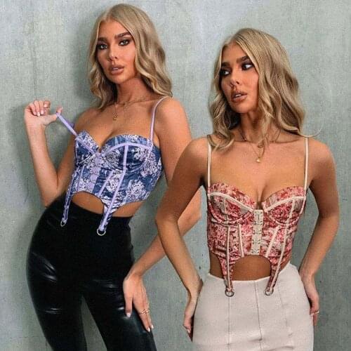 Floral Print Vintage Corset Crop Top Women Sexy Sleeveless Backless T-shirt Ladies Button Up Slim T Shirts Fashion Clothes