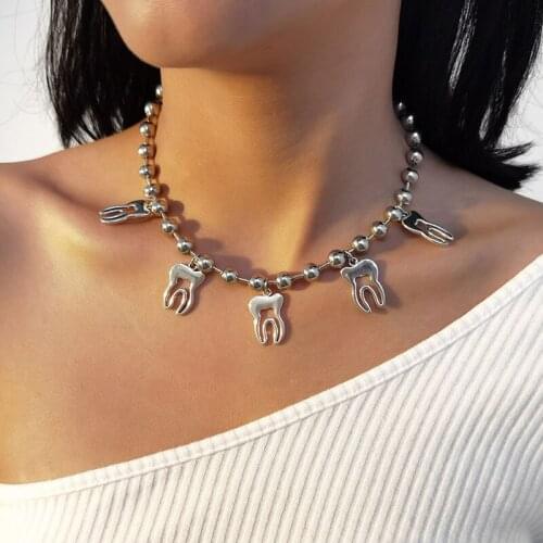 Punk Creative Alloy Tooth Charms Beaded Chains Choker Necklace Women Vintage Geometric Neck Chocker Clavicle Necklace Jewelry