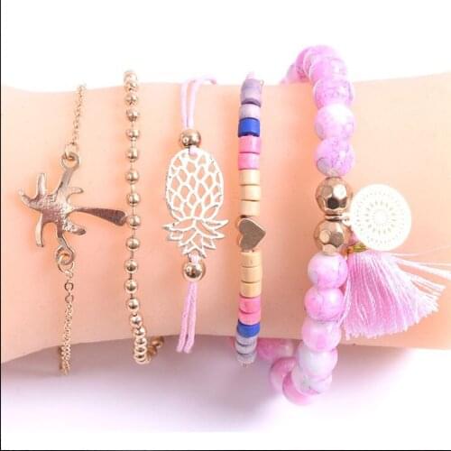 ZV 10pcs Ethnic Style Set Bracelet for Women Summer Beach Multilayer Heart Chain Tessa Pink Rope Gift for Best Friends Wholesale