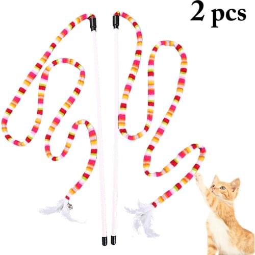 2pcs Kitten Play Interactive Funny Toy Ribbon Bell Cat Teaser Wand Pet Colorful Feather Grappige Toys For Cats For A Cat Toy