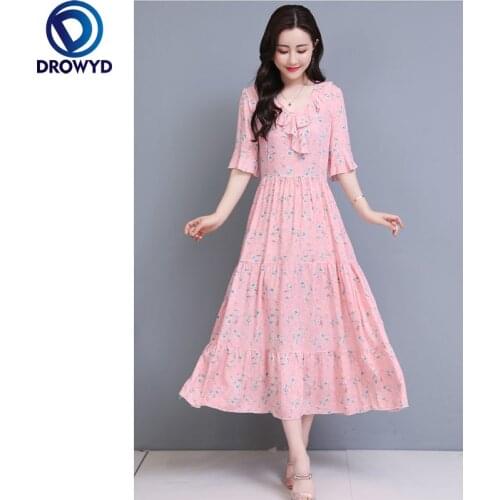 2021 Pink Floral Chiffon Boho Beach Dress Spring Summer Plus Size Vintage Runway Maxi Dress Women Elegant Bodycon Party Vestidos