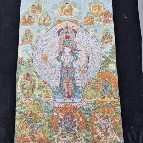 35" Thangka embroidery Tibetan Buddhism silk embroidery brocade Nepal Standing Thousand-Hand Guanyin Bodhisattva Thangkas