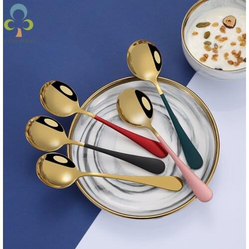 5pcs Creative Cute Stainless Steel Household Children Spoon Long Handle Round Head Soup Spoon Ktichen Accessories DDJ
