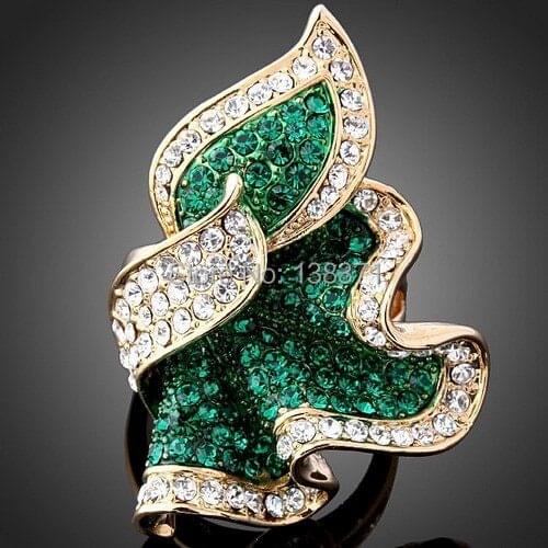 Alisouy Hot Sell!! New Lovely Green Feather leaf shape Austrian Crystal Rose GP cocktail Finger Ring