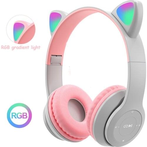 Wireless Headphones Cat Ear with Mic Bluetooth Glow Light Stereo Bass Helmets Children Gamer Girl Gifts PC Phone Gaming Headset