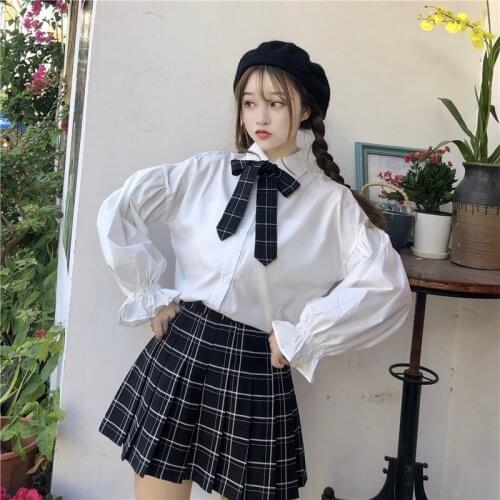 Korean preppy style school uniform blouse with plaid bow tie flare long sleeve single breasted white shirt kawaii blouses & tops