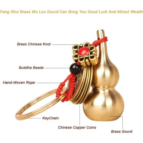 Wu Lou Key Chain Lucky Gourd Keychain with Feng Shui Coins Good Luck Prosperity Success Brass Calabash Pendant Keychain