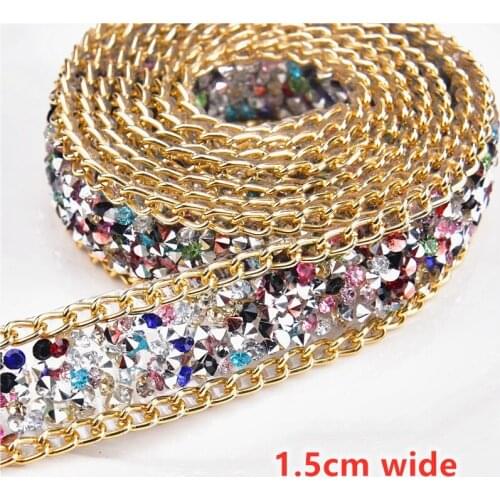 Iron-On Crystal Ribbon 1.5Cm Wide Color Resin Rhinestone Trims Metal Chain Diy Bling Sticker For Arts Crafts Clothing Decoration