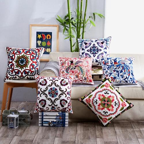 Color European Thread Embroidered Cushion Cover Home Decoration Cotton Bohemian Ethnic Style Pillowcase 45*45cm Pillowcase