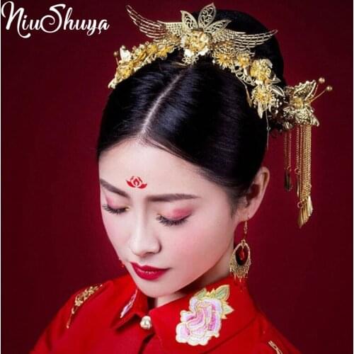 NiuShuya Chinese Style Bride Headwear Phoenix Coronet Classical Wedding Accessories Golden Wing Shape Bridal Jewelry