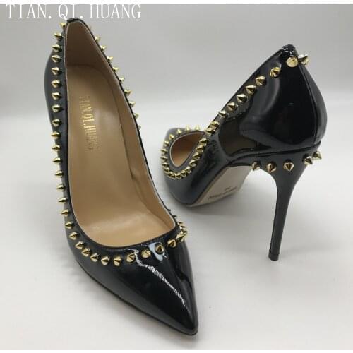 New Patent Leather Rivet Styles Women Pumps Fashion High Heel Wedding Shoes Woman High Quality TIAN.QI.HUANG