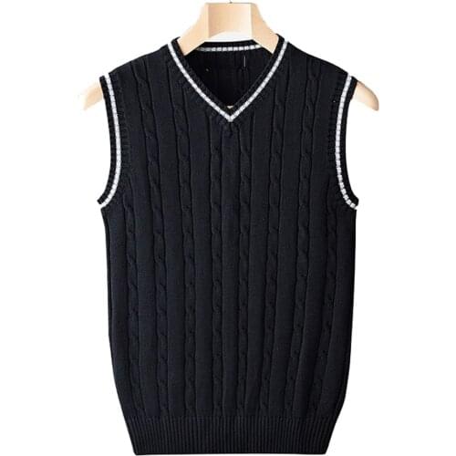 ERIDANUS Autumn Youth Mens Pure Cotton V-neck Knitted Vest Slim Fit Sleeveless Pullover Sweater Pure Color Jacquard Vest MWB032