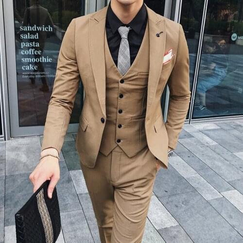 Jacket+Pant+Vest)Luxury Men Wedding Suit Male Blazers Slim Fit Suits For Men Costume Business Formal Party Pink Classic Black