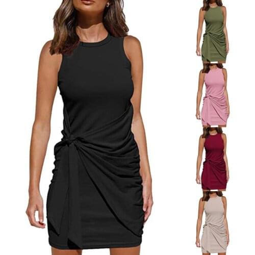 Girl Fiting Dress Sleeveless Elegant Solid Empire O-neck Dresses Woman Sexy Mini Tank Bodycon Cloth Female Basic Vestidos