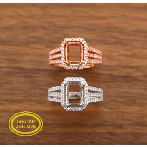 Rectangle Prong Ring Settings Halo Solid 14K/18K Rose White Gold with Moissanite Accents DIY Bezel Tray for Gemstones 1294206