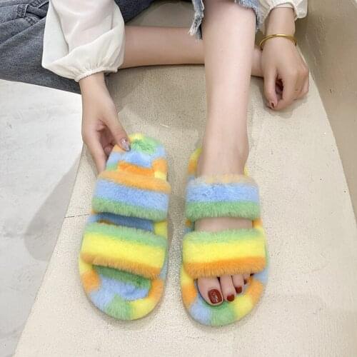 Furry Home Slippers Womens Color Autumn Winter New Large Size Double Strip Slippers Ladies Warm Slippers Woman Shoes Hot