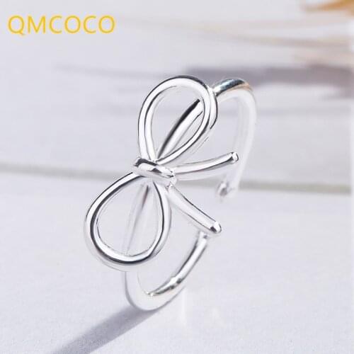 QMCOCO Smiple 925 Silver Rings For Women Bow Geometric Ring For Fashion Women Cute Fine Jewelry Minimalist Accessories Gift