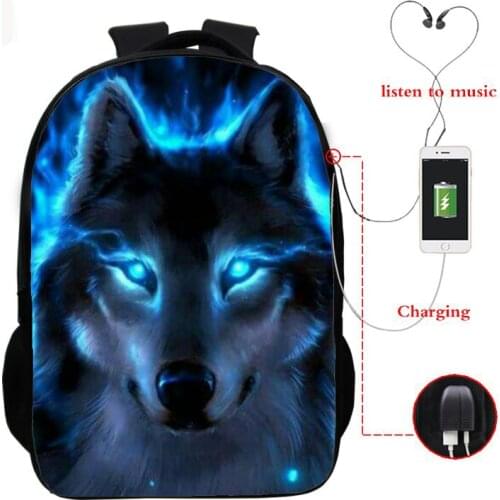 Wolf 3d Printed Backpack Boys Girls School Bag Teenager Usb Cable School Backpacks Women Men Bookbag College Students Schoolbag