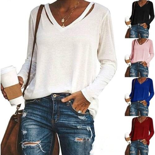 S-5XL Design sense neckline autumn and winter womens solid color pullover long sleeve V-neck T-shirt top חולצות נשים fashion F4