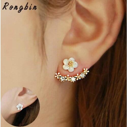 Flower Crystals Stud Earring for Women Rose gold color Double Sided Fashion Jewelry Earrings female Ear brincos Pending
