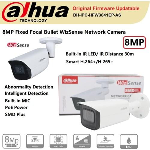 Dahua IP Camera 8MP IPC-HFW3841E-AS IR30m Fixed-Focal Bullet WizSense Network PoE Power Buit-in Mic/Speaker SMD Plus Original