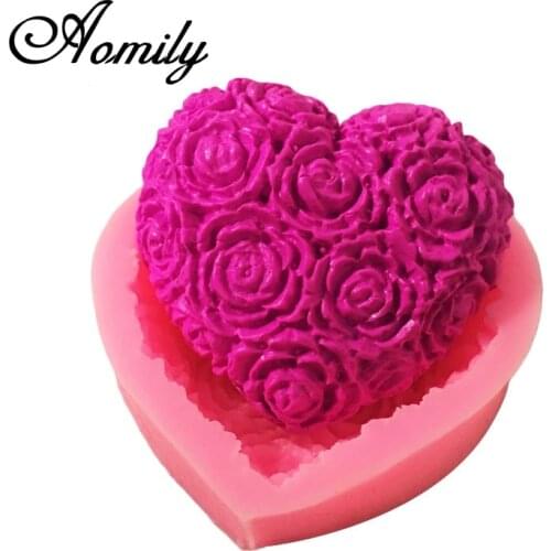 Aomily Silicone Rose Flowers Fondant Chocolate Mould Heart Love Soap Mold Candle Polymer Clay Molds Crafts DIY Forms Base Tool