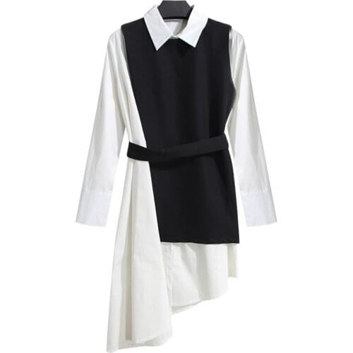 PERHAPS U Black White Two Pieces Set Shirt Dress Sash Office Lady Asymmetrical Elegant Turn Down Collar Autumn Mini Short D0157