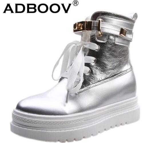 ADBOOV New Thick Sole Patent Leather Snow Boots Women Metal Buckle Design Fur Lining Winter Boots Shoes Ladies