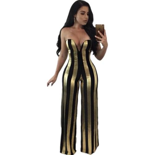 Women Dressy Strapless Jumpsuit Sexy V-Neck High Waist Black Gold Striped Print Wide Leg Pants Romper Party Formal Jumpsuits