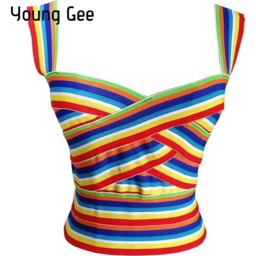 YoungGee 2019 Summer Mini Sexy Tank Tops Sleeveless Rainbow Striped Must Have Women Bandage Crop Top Streetwear cropped feminino