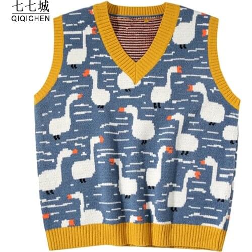 Cartoon Duck Knitted Vest Women Chic Button Casual Jacquard Women Sleeveless Sweater Japanese Female Vintage Campus Tops