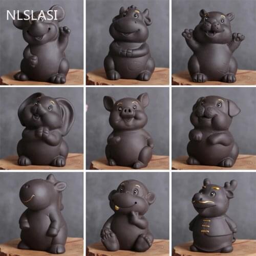 1 PCS Handmade Purple Clay Zodiac tea Pet Ornament Creative Animal statue Figurine Tea Set decoration Accessories Desktop Crafts
