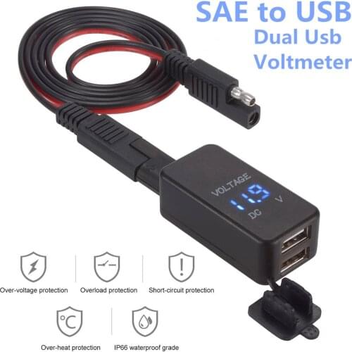 12V-24V SAE Dual USB Cable Adapter Dual Port Power Socket Smart Phone Tablet GPS Charger with Voltmeter for Motorcycle Car ect